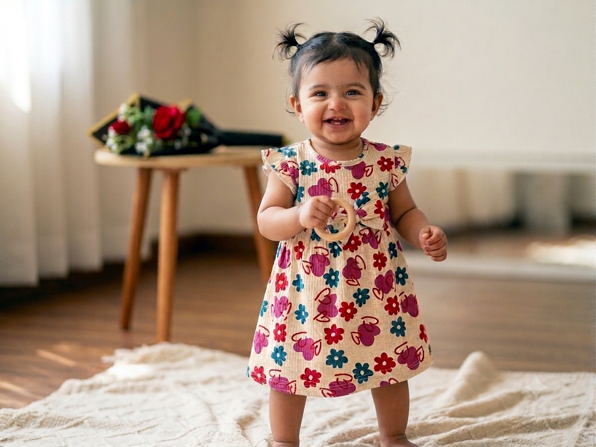 Baby Girl Floral & Heart Print Flutter Sleeve Frock