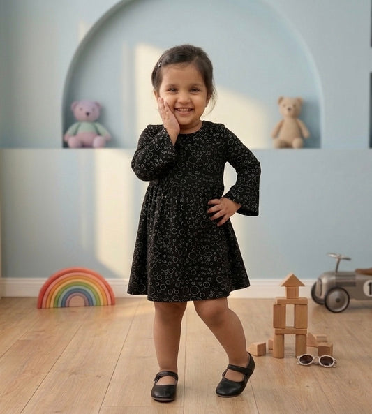 Black Metallic Circle Print Long Sleeve Baby & Toddler Frock