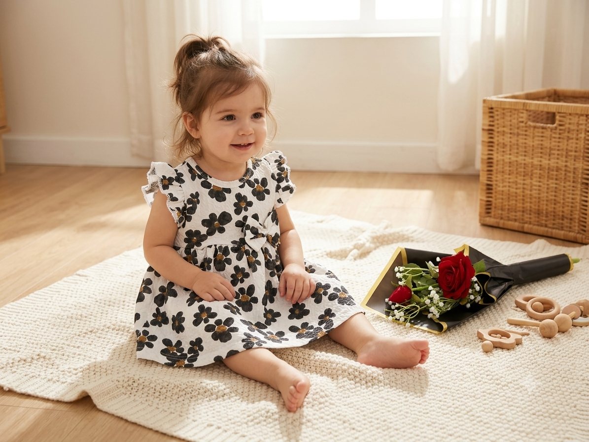 Chic Black Floral Print Flutter Sleeve Baby Frock with Bow