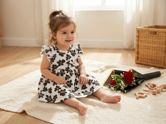 Chic Black Floral Print Flutter Sleeve Baby Frock with Bow