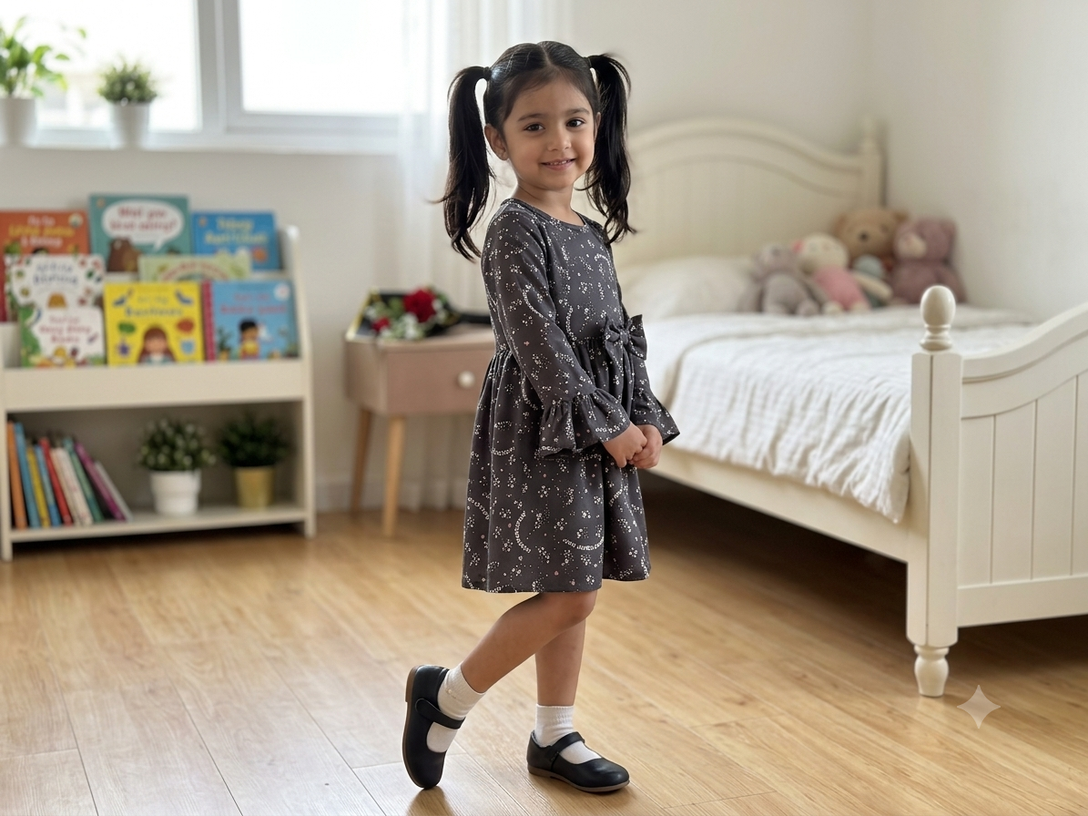 girls Full Sleeve Ruffle Sleeve Printed Dress