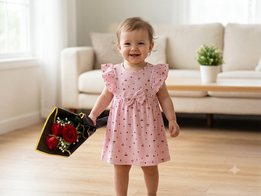 Ribbed Flutter-Sleeve Cherry Print A-Line Dress